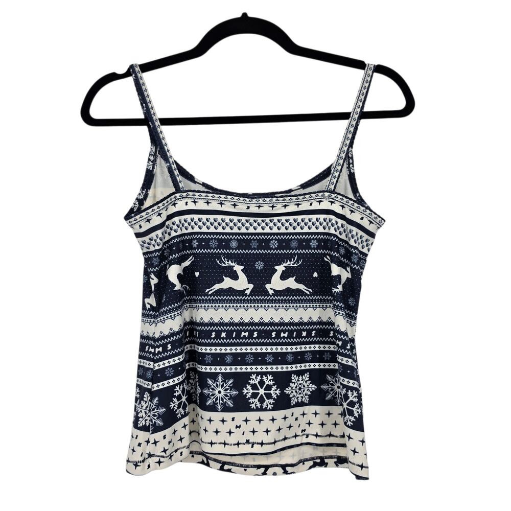 NWT Skims Navy Deer Fairisle Logo Plush Pointelle Cami & Pants Pajama Set Size L - Picture 9 of 9